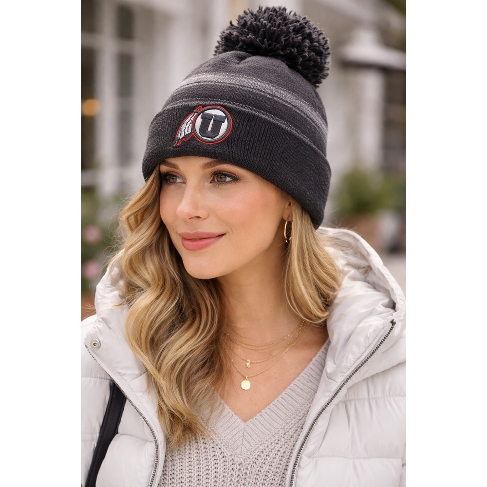 New Era Utah Utes Mens Womens Black‎ Grey Striped Cuffed Pom Beanie Hat Knit